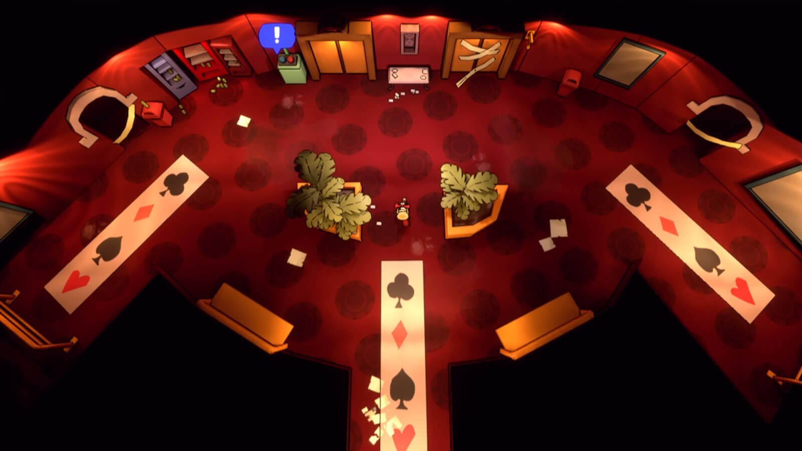 Top-down view of player entering a hotel with playing card symbol designs on the floor