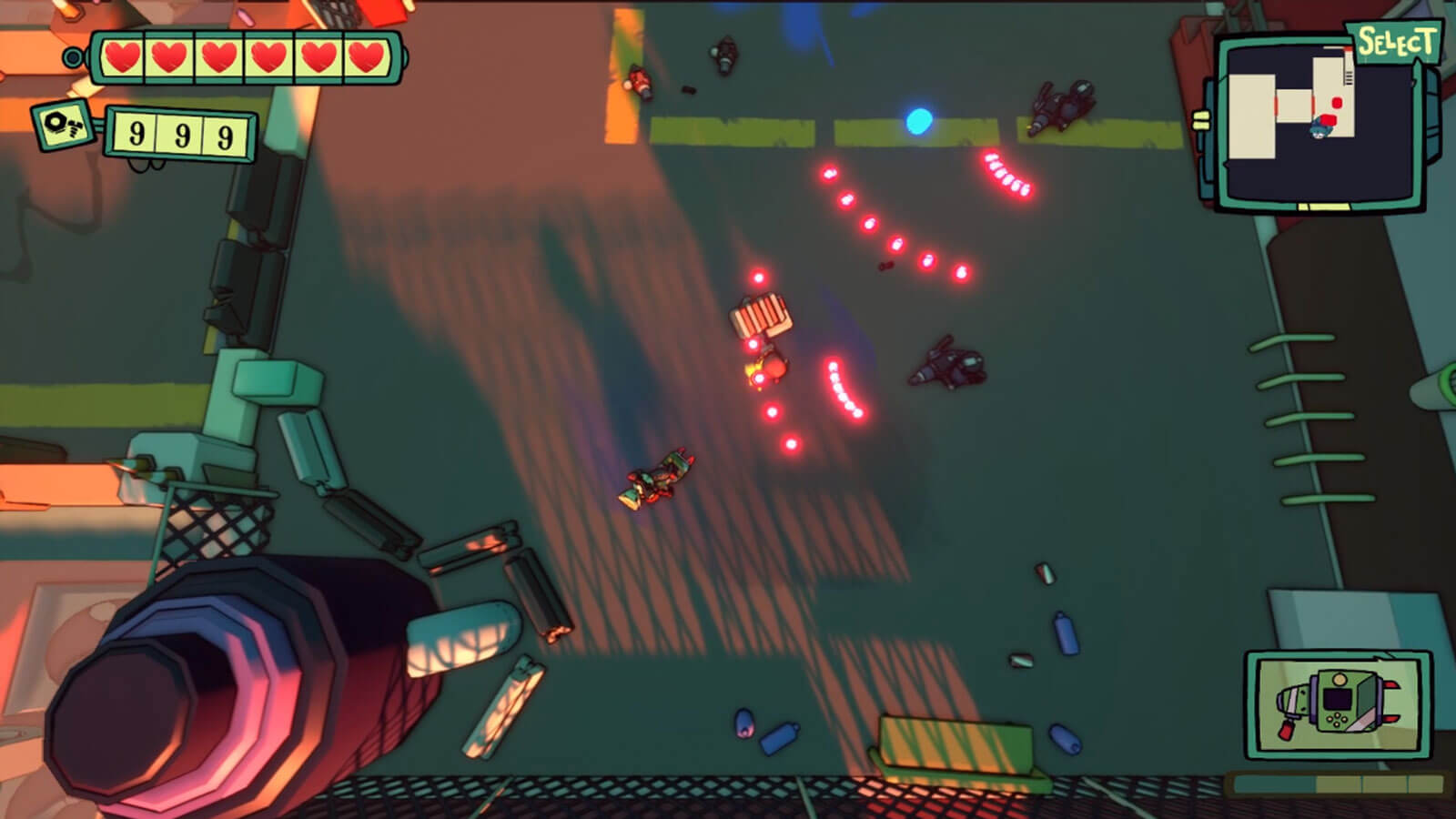 Player fires a spread shot of red bullets towards an enemy in a parking lot.