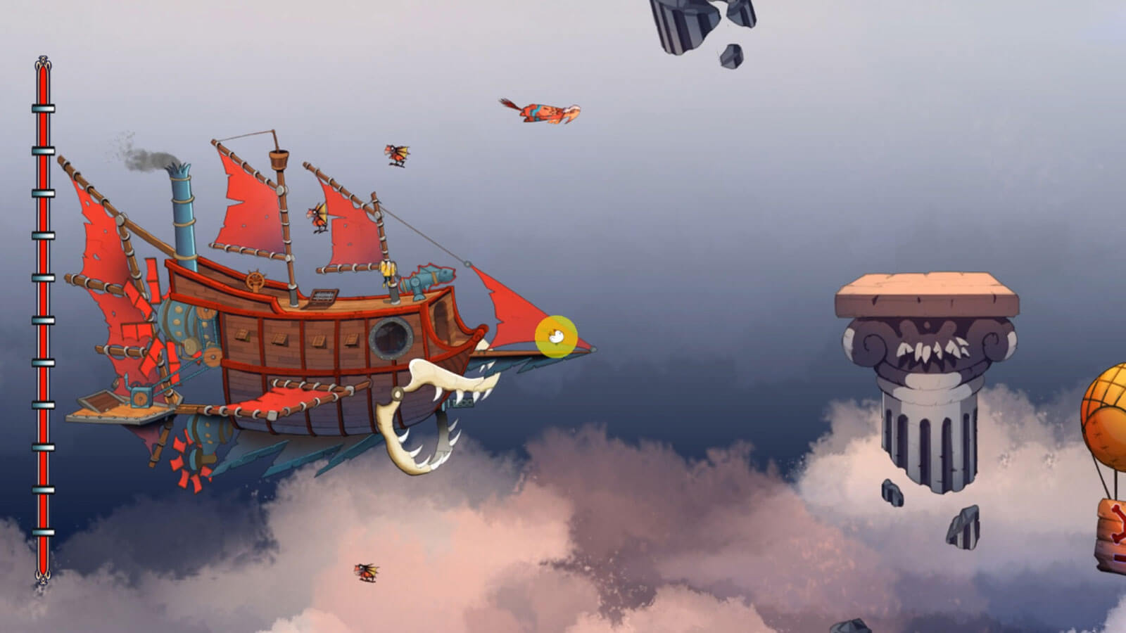 A pirate ship flies through the clouds and rubble