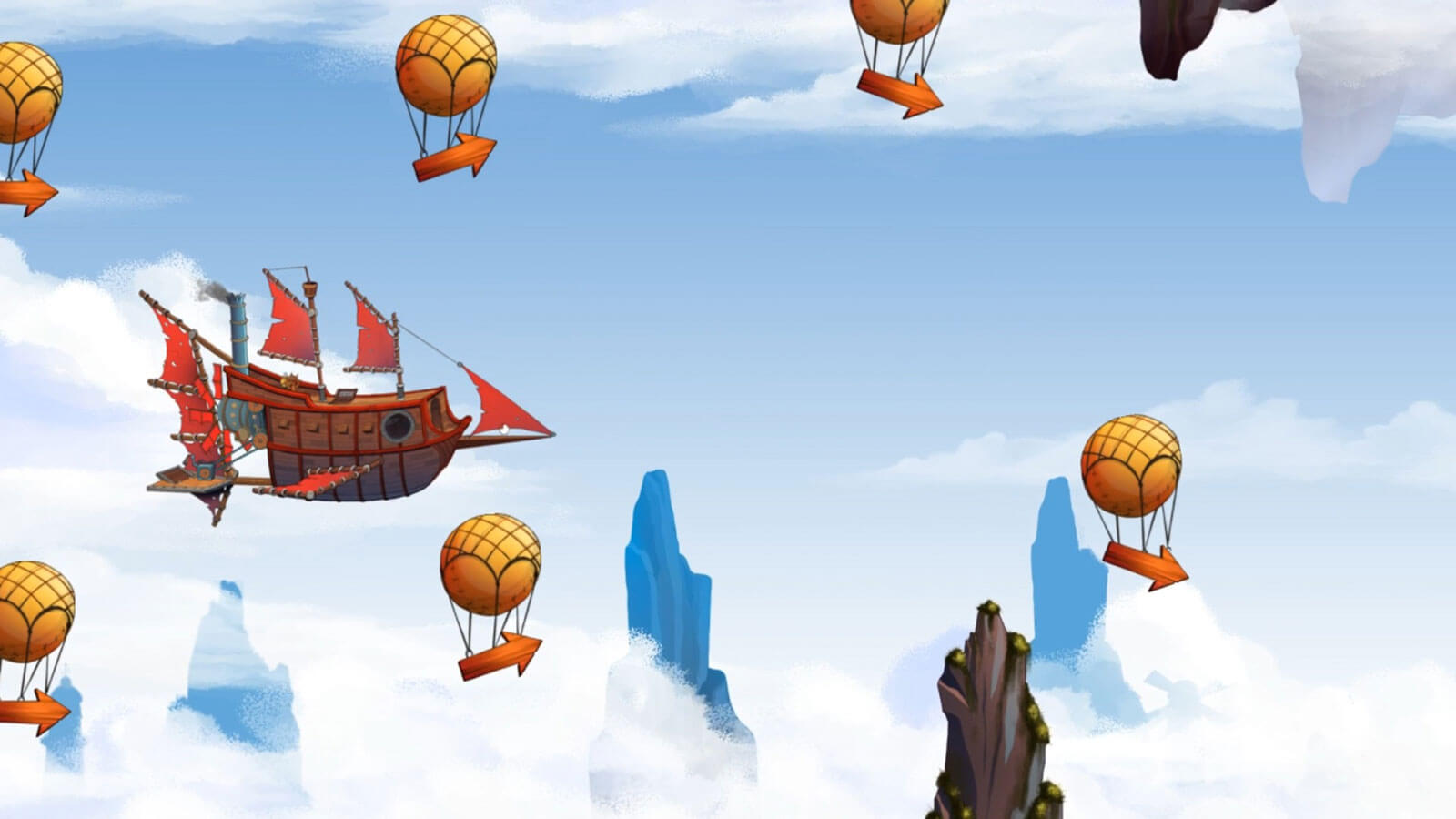 A pirate ship flies through the sky amongst balloons with arrows pointing to the right