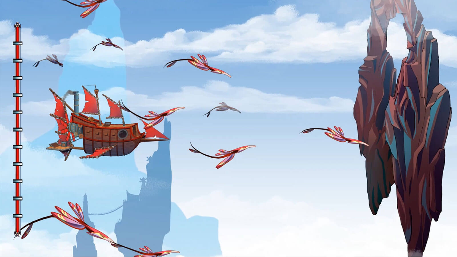 A pirate ship flies in the sky alongside exotic birds
