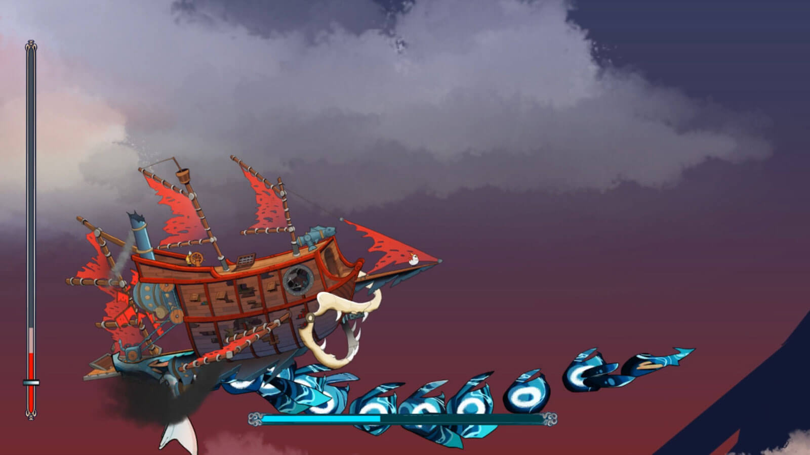 A pirate ship flies near a blue boss character resembling a dragon