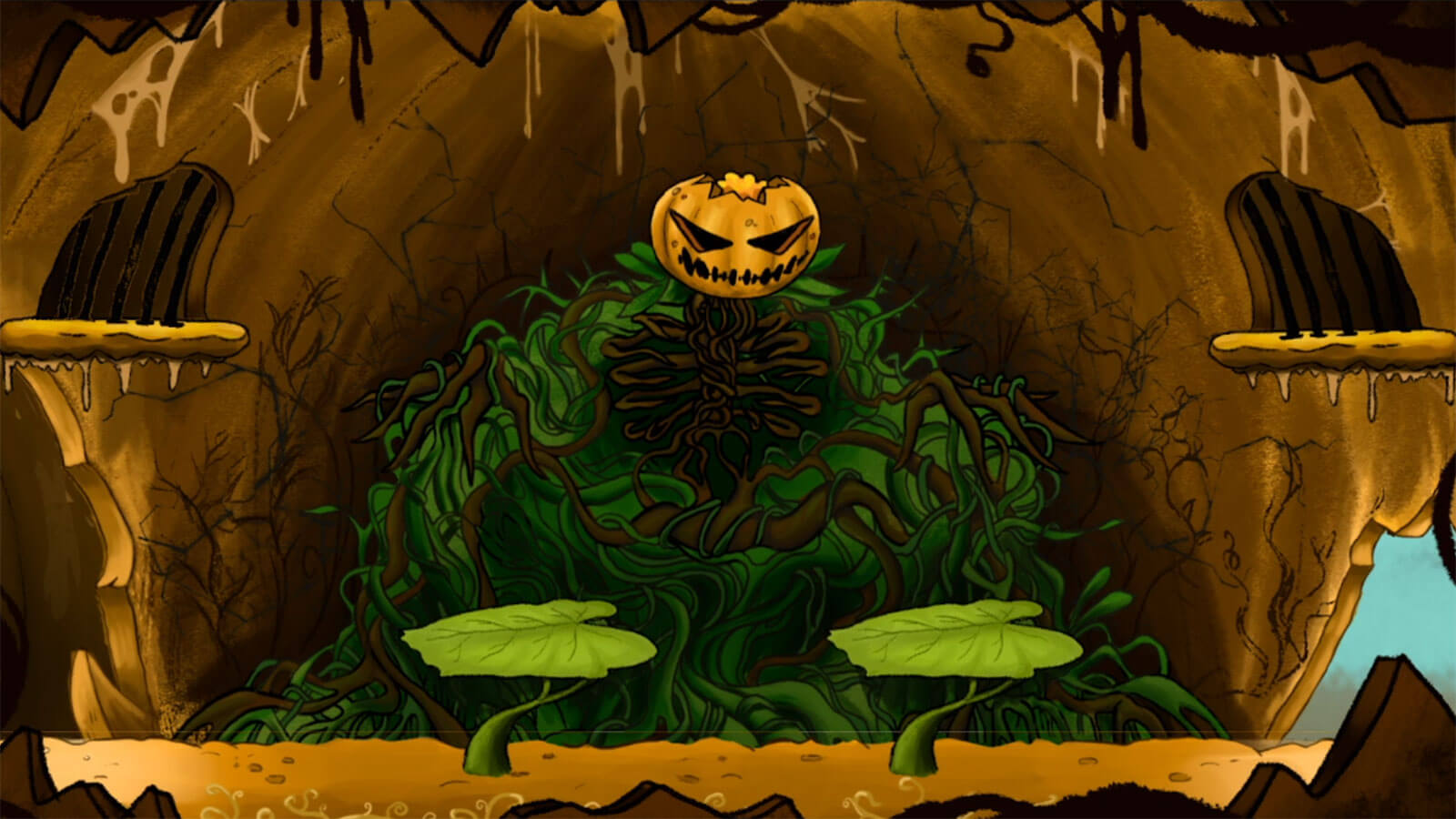 A large pumpkin boss stands in the background with plant platforms in front of it