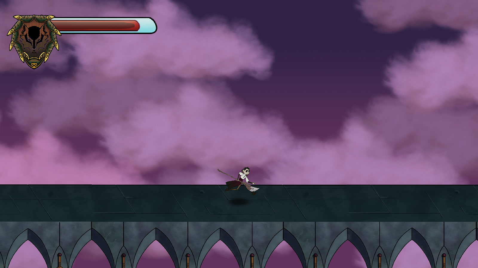 Panned-out view of player running along an aqueduct against a purple sky