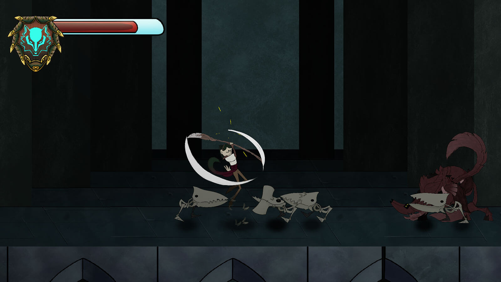 El jugador lanza una lanza a tres enemigos esqueléticos con picos afilados.