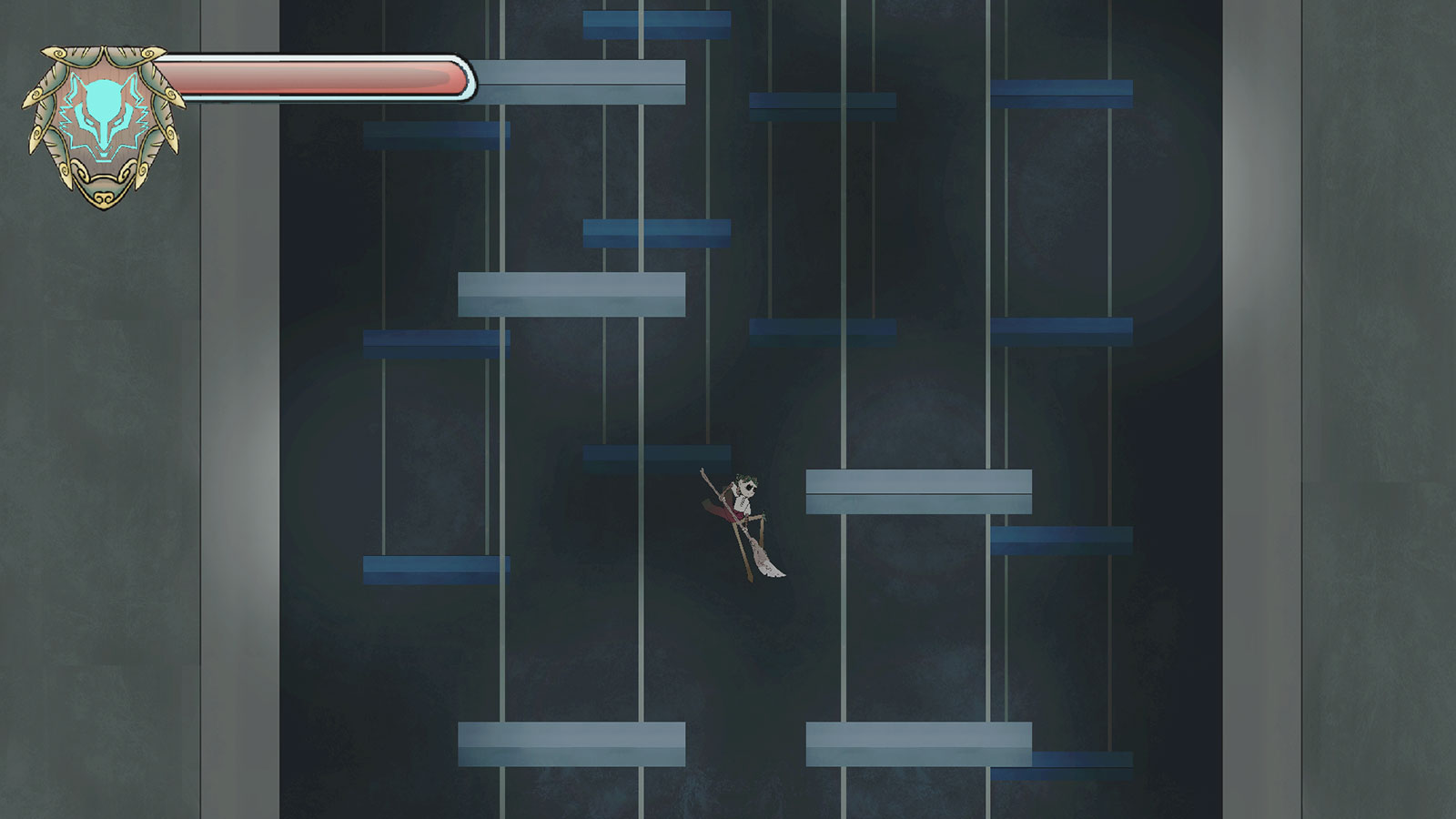Player jumps down a shaft between square platforms