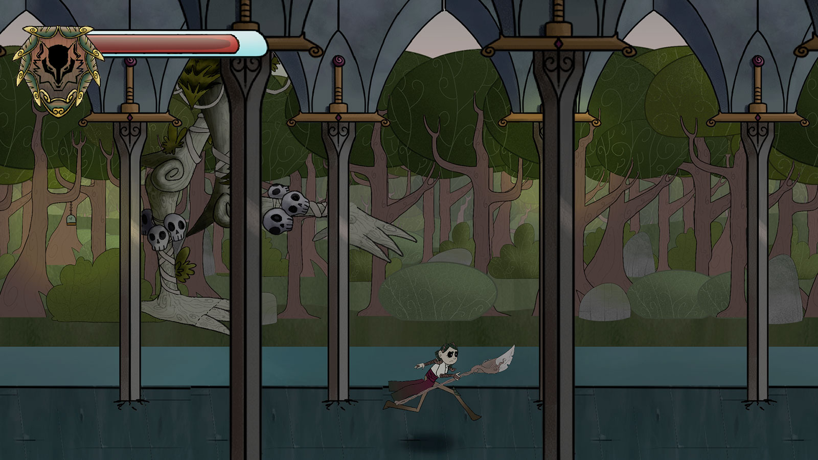 El jugador corre en un corredor mientras un enemigo inmneso se acerca desde el fondo.