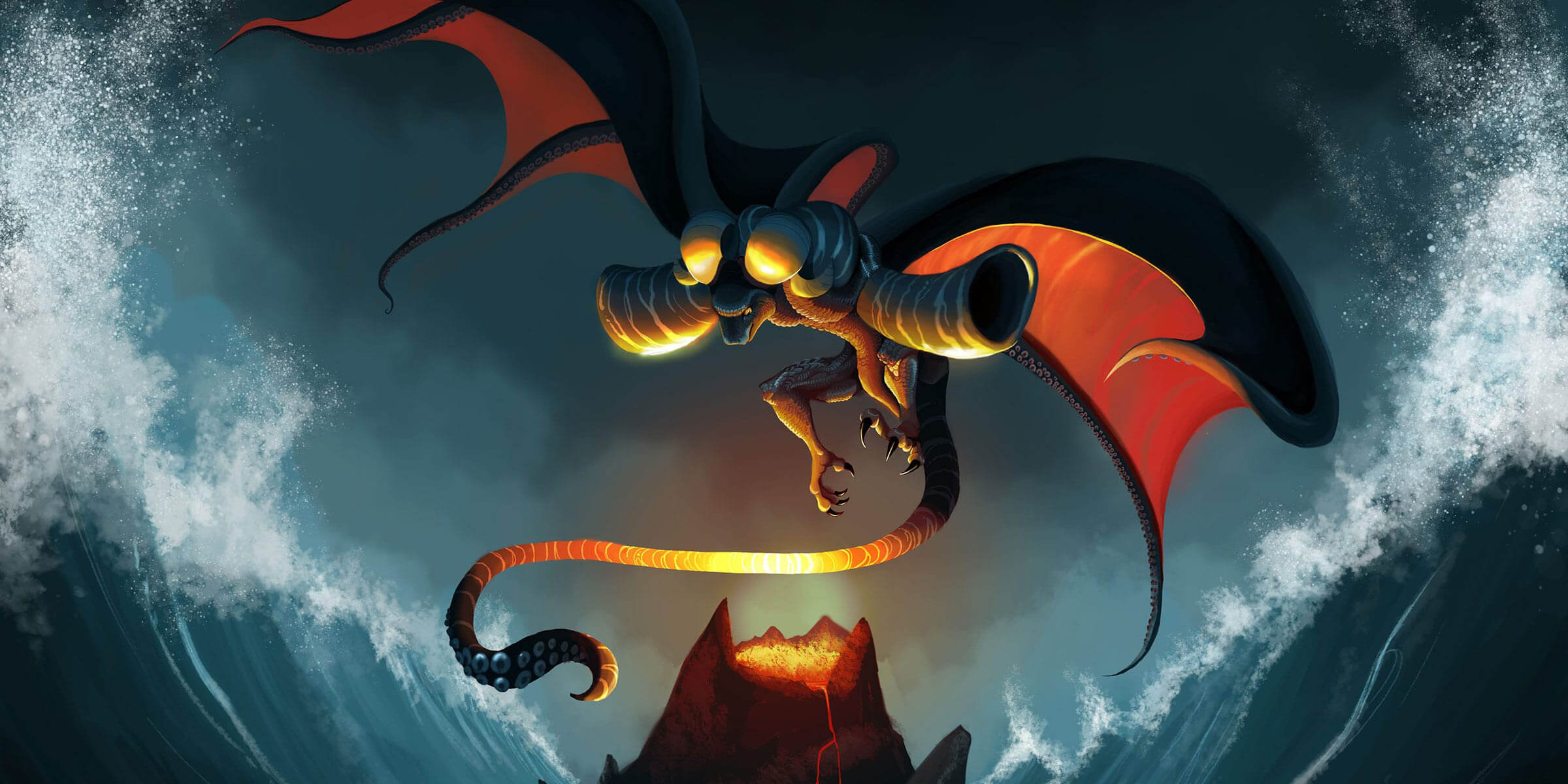 A creature with dragon and octopus characteristics hovers over a volcano with waves crashing on either side