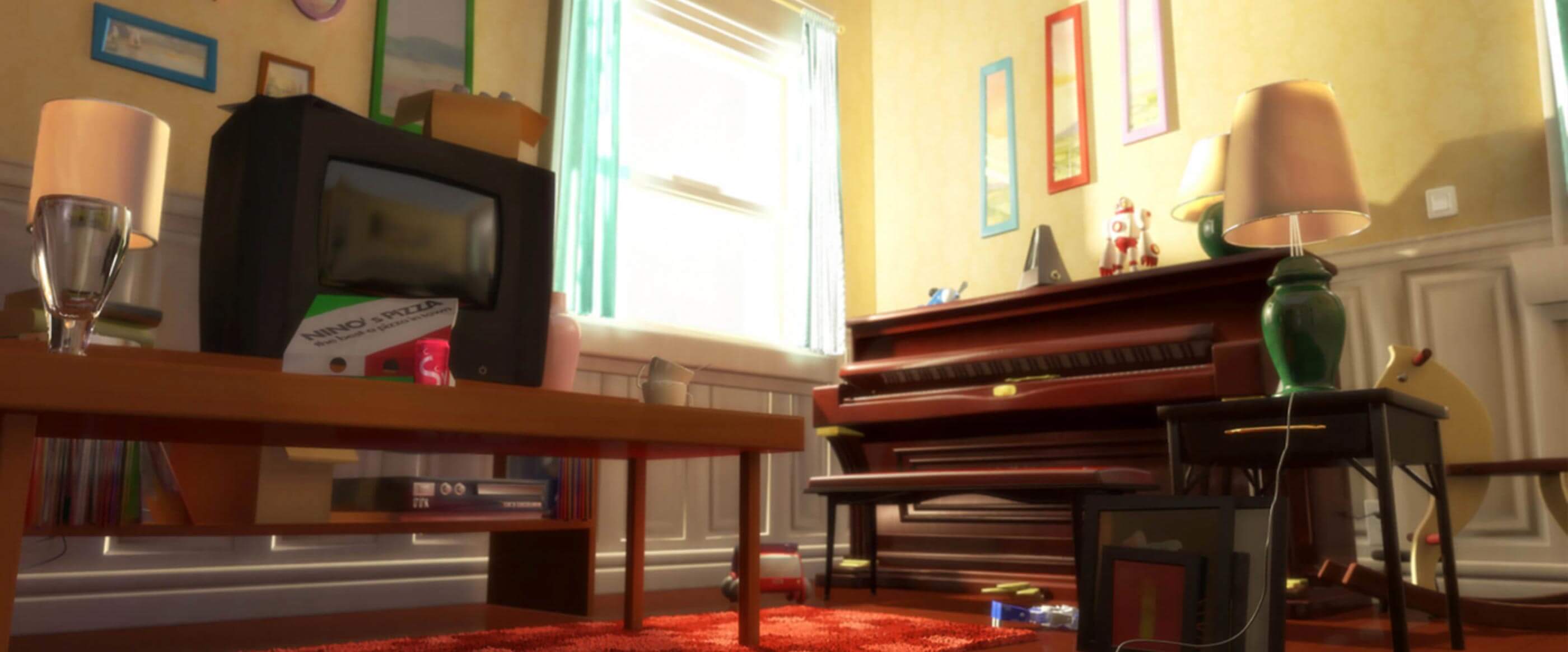 A low angle shot of a 3D rendered living room with a piano near an open window﻿.