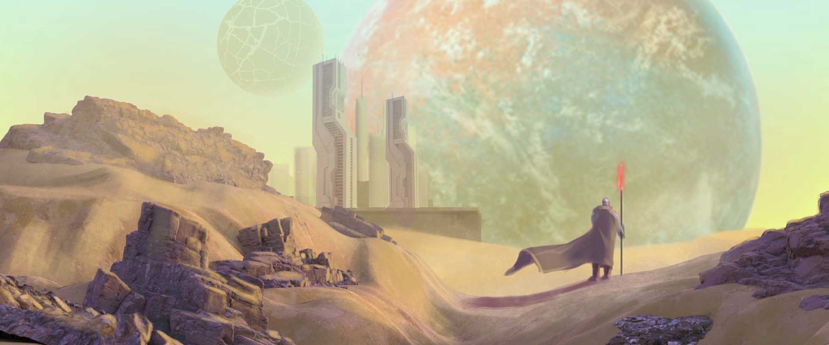 DigiPen Europe-Bilbao Student Art by GORKA JUNQUERA A caped figure holding a spear looks out at a futuristic desert city and a planet-filled sky.