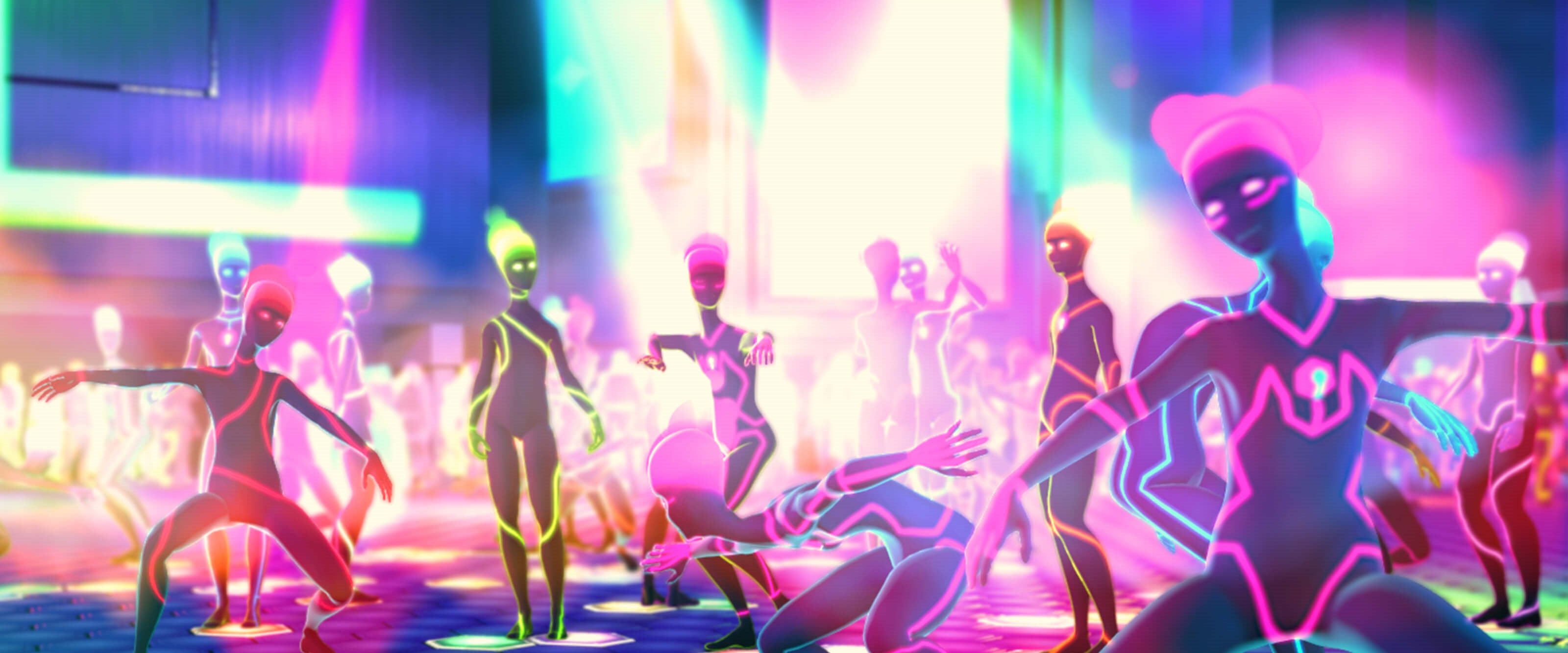 Humanoid figures move and dance in a nightclub suffused with neon colors