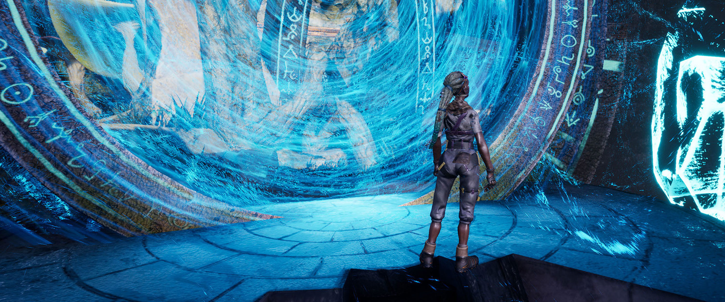 DigiPen Europe-Bilbao Videojuego de los Estudiantes FORGOTTEN JOURNEY Mujer frente a un portal interdimensional que brilla intensamente