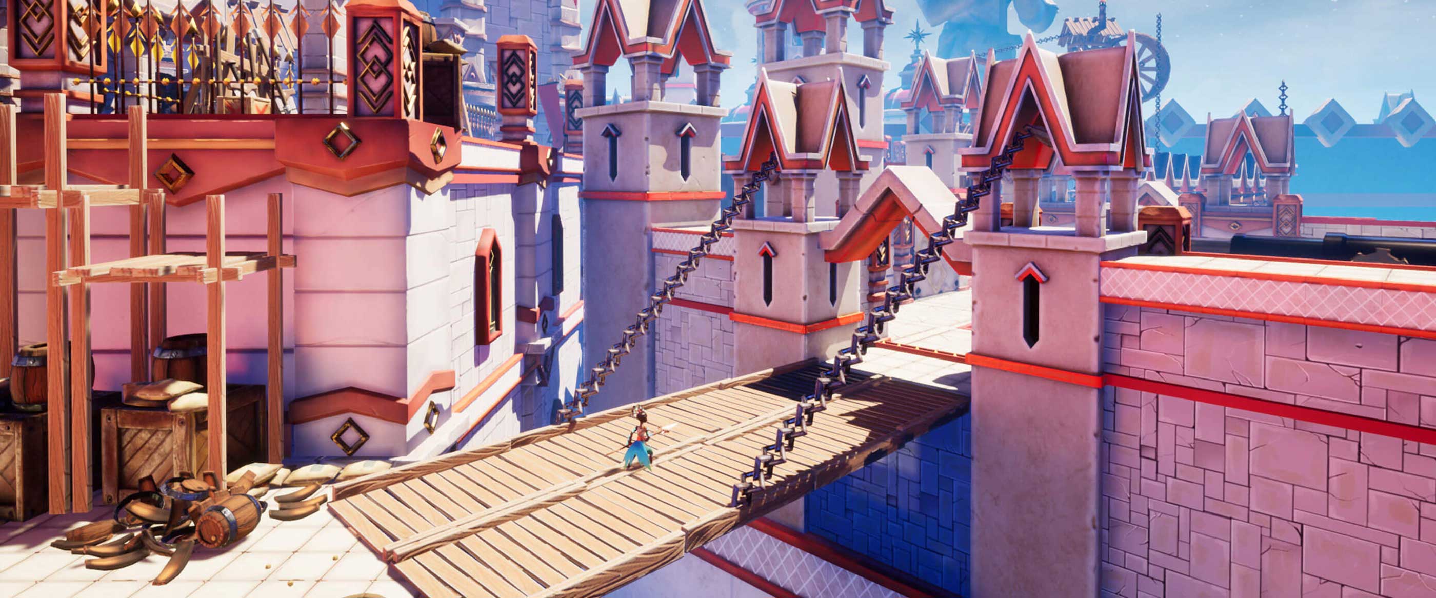 DigiPen Europe-Bilbao Student Game MIRLO: ABOVE THE SUN Woman crosses a wooden suspension bridge into a stone fortress.
