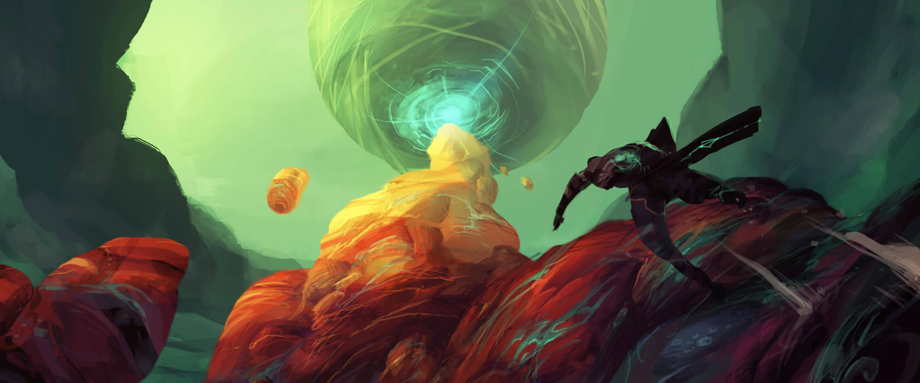 DigiPen Student Art by EDUARDO GARCIA A figure runs up a multicolored stone outcropping toward a stony sphere hanging precariously against a hazy green alien sky.