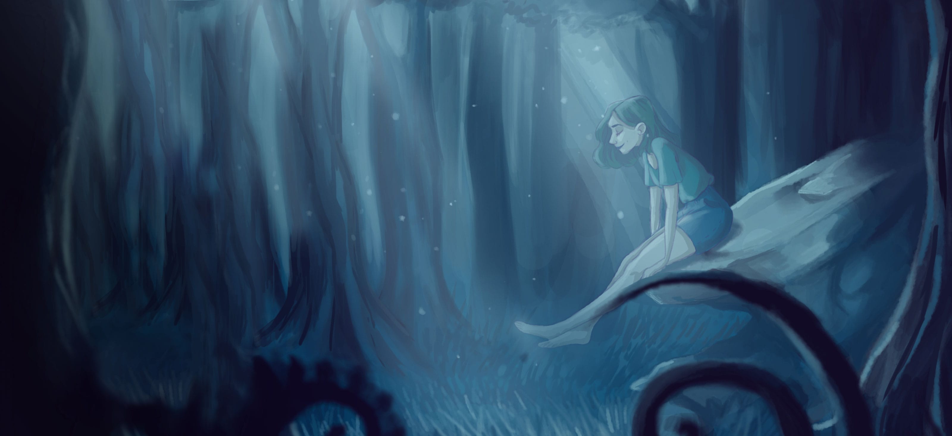 DigiPen Europe-Bilbao Student Art by VICTORIA VAN HERCKENRODE A woman sitting contentedly on an elevated rock in a forest clearing bathed in a dim light from the sky.