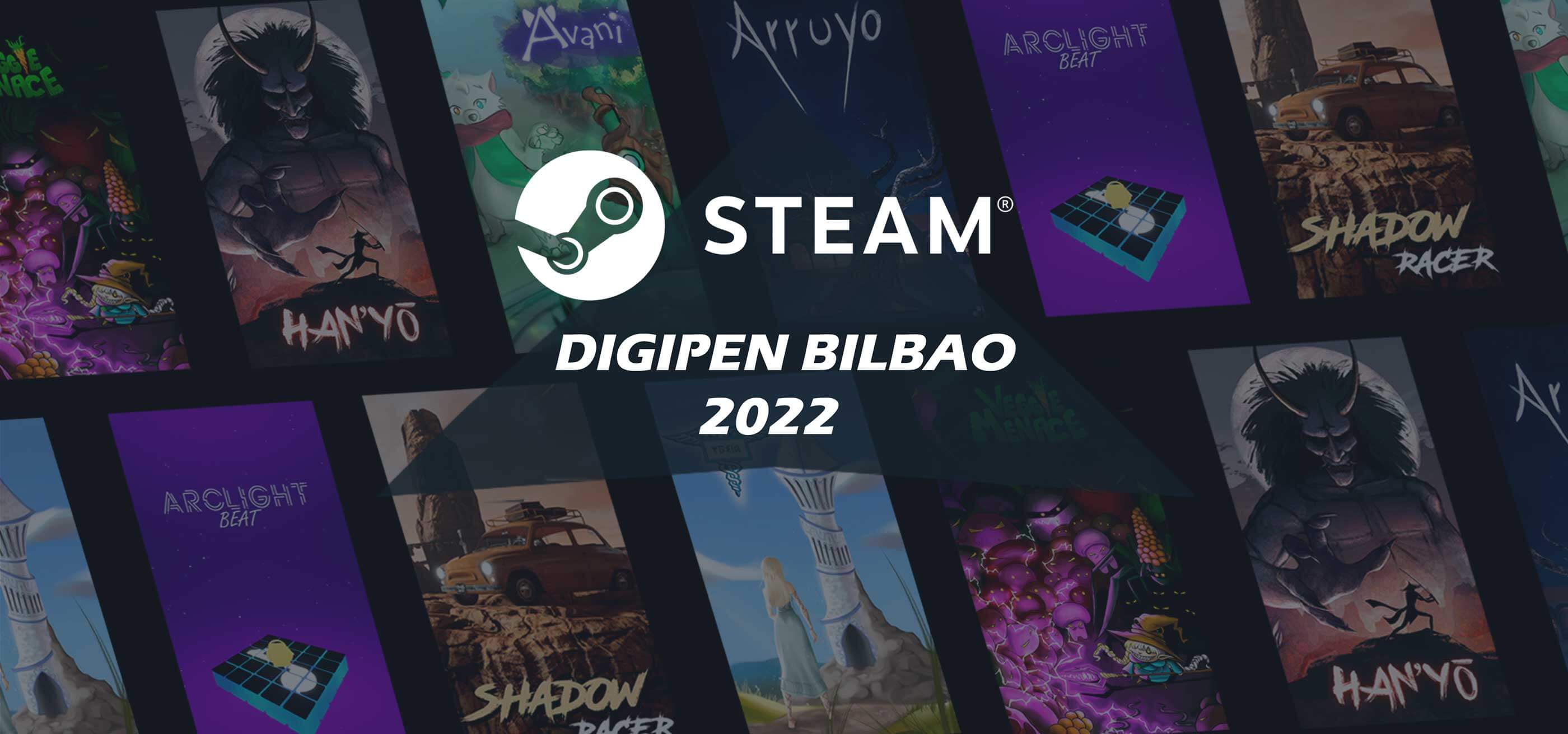 Los logos de DigiPen Bilbao 2022﻿ y Steam con una serie de juegos expuestos de fondo
