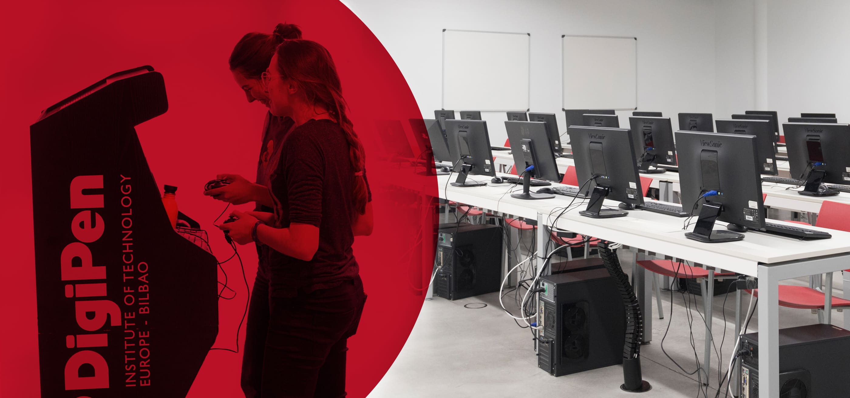 Two students playing Arcade Games with a red background and facilities of a computer classroom at DigiPen Europe Bilbao.