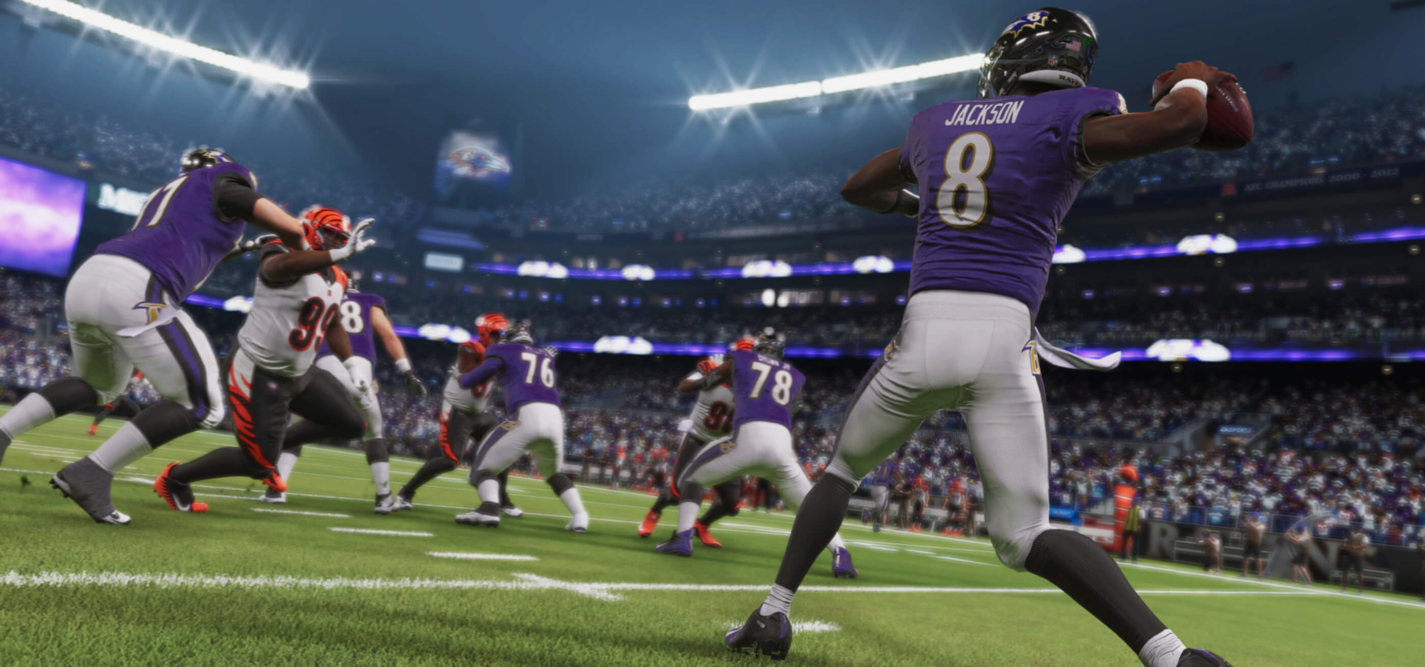 Madden NFL 21 screenshot: Quarterback Lamar Jackson readies for a pass.
