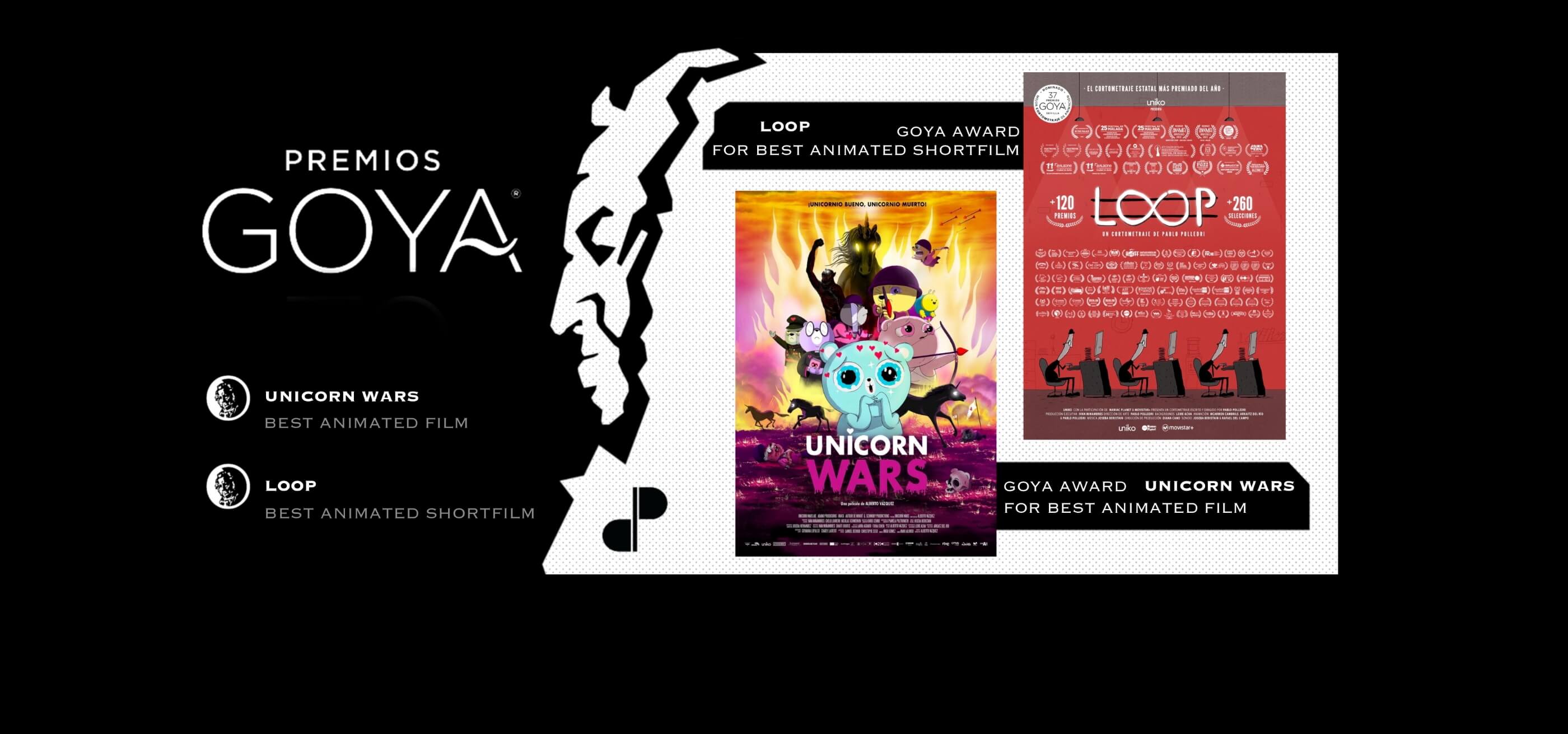 Logotipo de los Premios Goya con los carteles de las animaciones Unicorn Wars y Loop en el lateral.