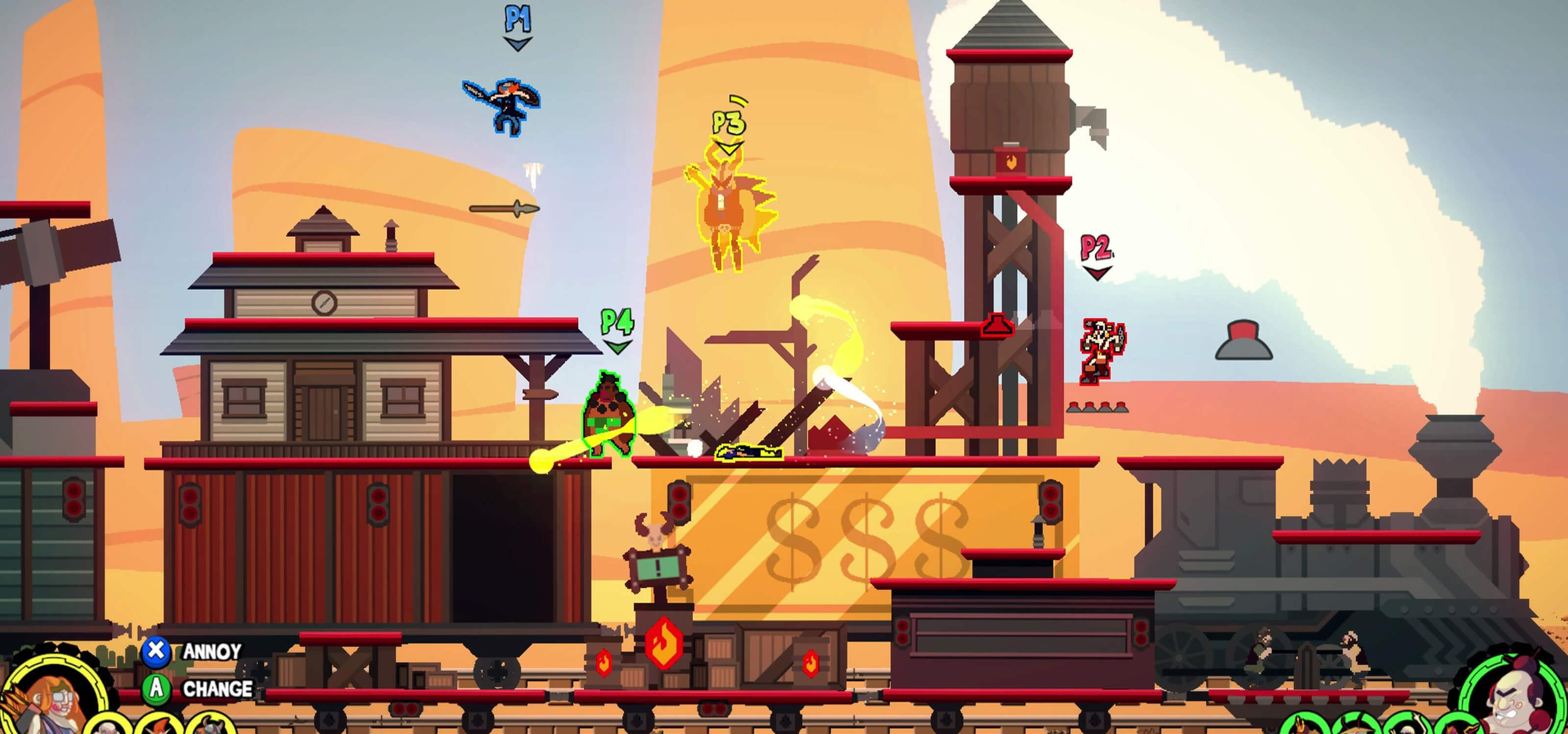 Captura de pantalla del juego Dynasty Feud de Kaia Studios, con un tren de vapor que pasa por una ciudad de estilo occidental.