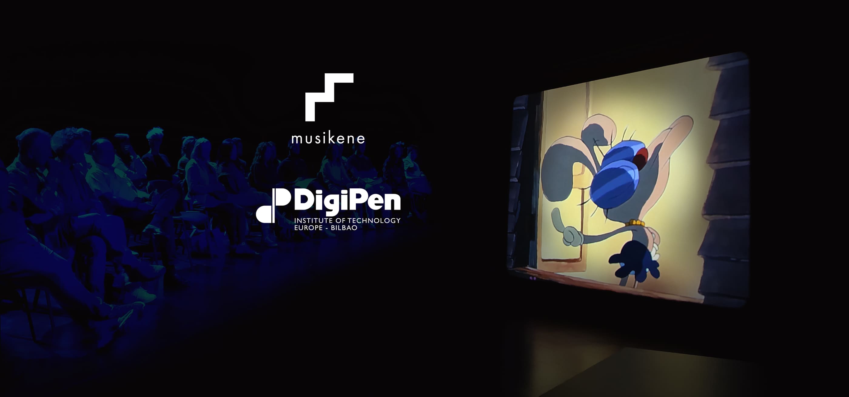 An animated cartoon screenshot that highlights a character, with the logos of DigiPen and Musikene visibly placed on its left side.