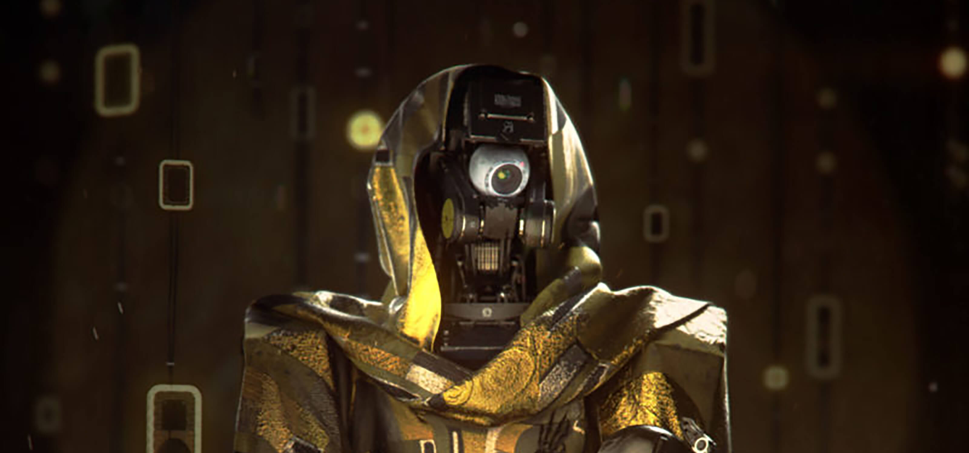Un robot de un ojo con capucha y capa doradas, inspirado en el trabajo de Gustav Klimt.