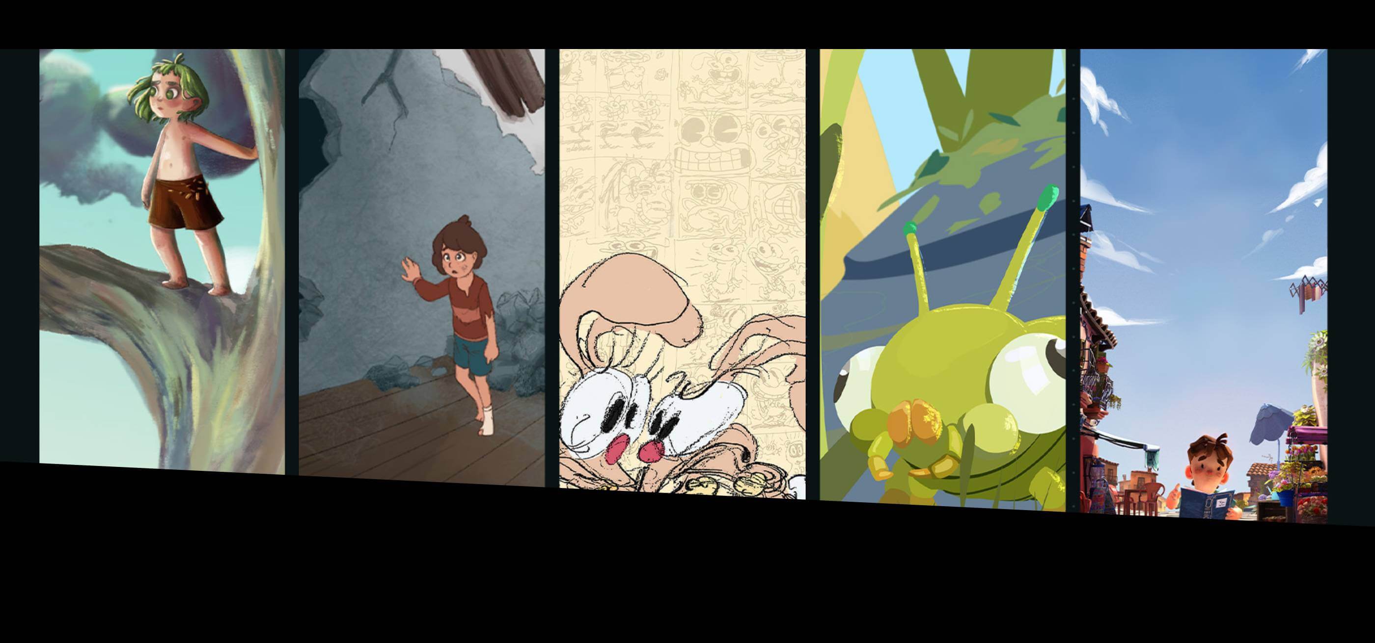 Cinco imágenes de cada animación recortadas una al lado de la otra de forma estilosa