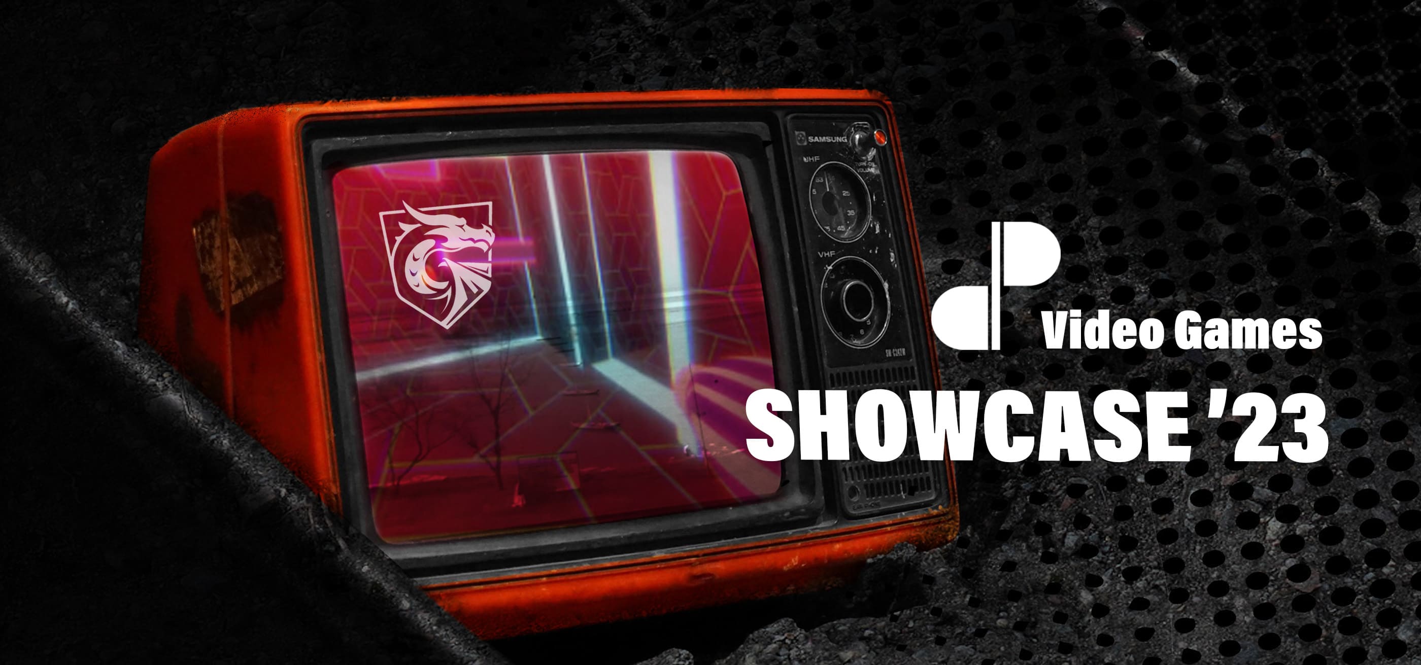 A Banner composed of the image of an old red television displaying a futuristic video game image with the Dragons shield of DigiPen, and a text that says: Video Games Showcase 2023. 