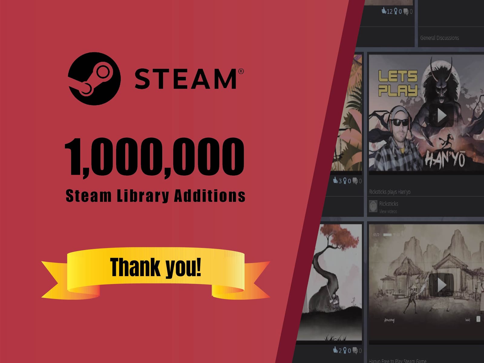 	Composition of a banner displaying: 1 million downloads to the Steam library, as text, with a background of the platform.