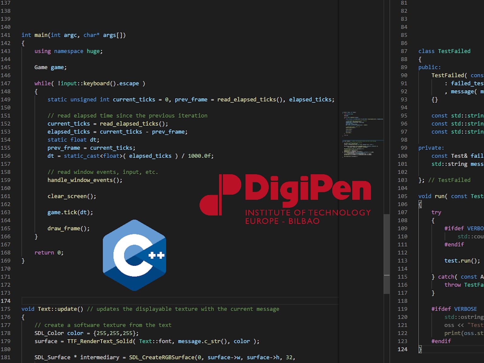 The Digipen logo, along with the C++ logo, lay in front of an arbitrary segment of C++ code.