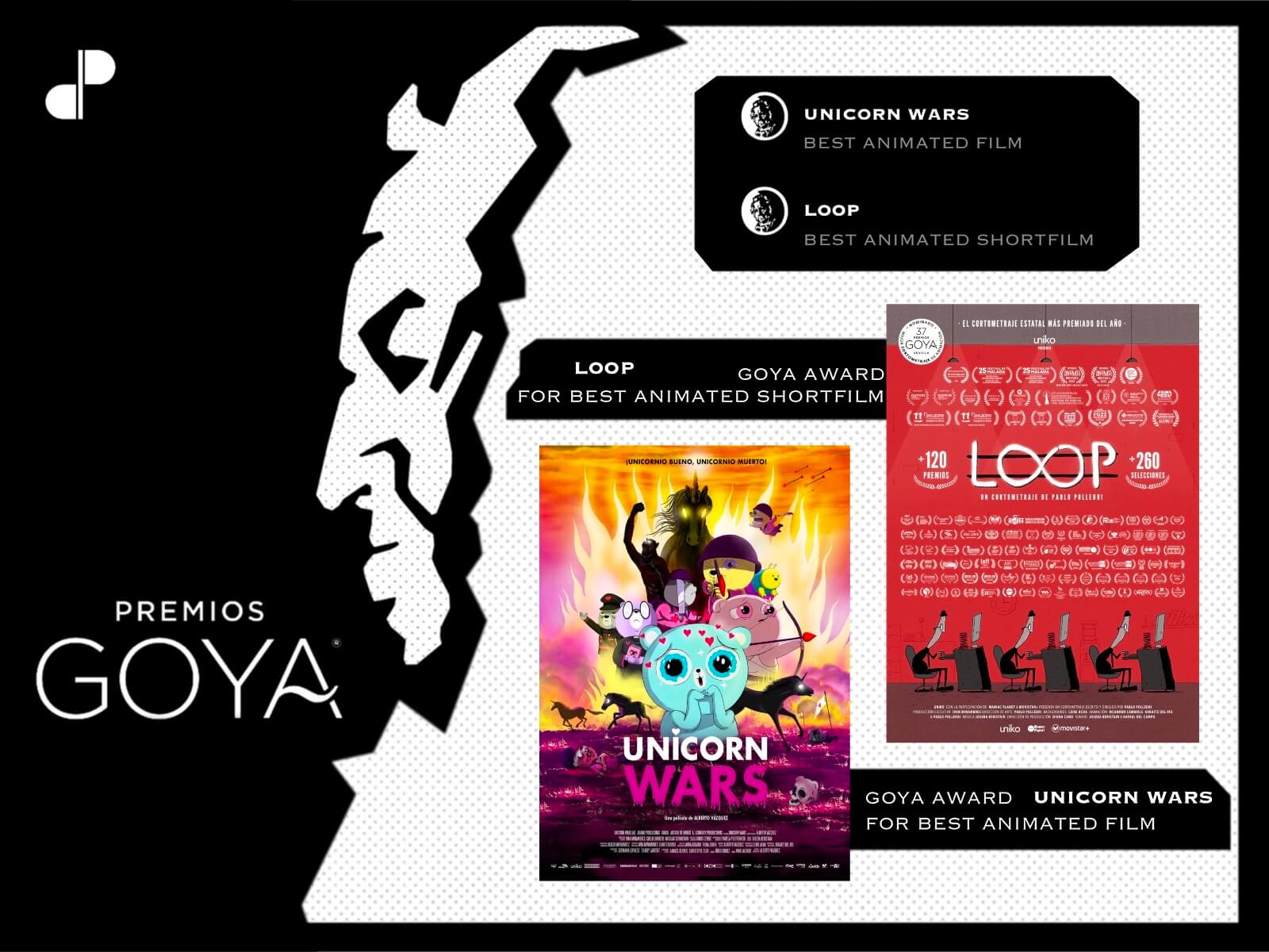 Goya Awards logo with animations Unicorn Wars and Loop posters offset to the side.