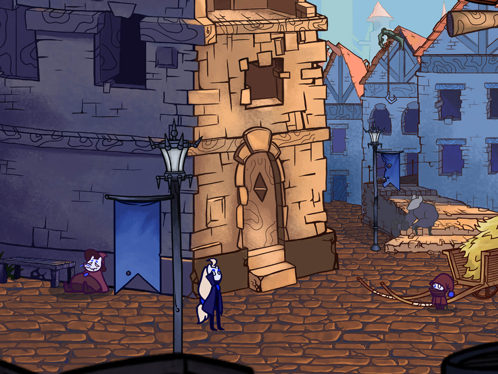 Screenshot from award-winning-student-game Jera, featuring a village scene with various characters