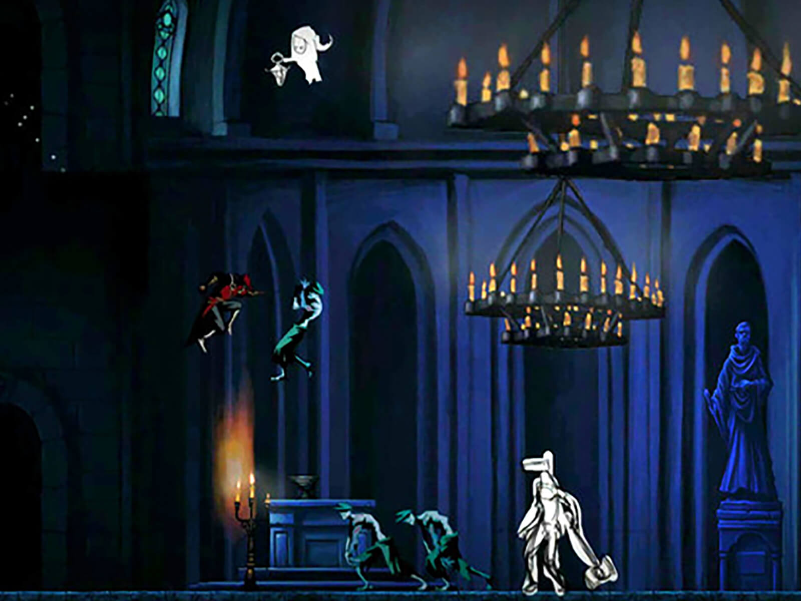A swordsman in red fights a green zombie in midair in a spooky church