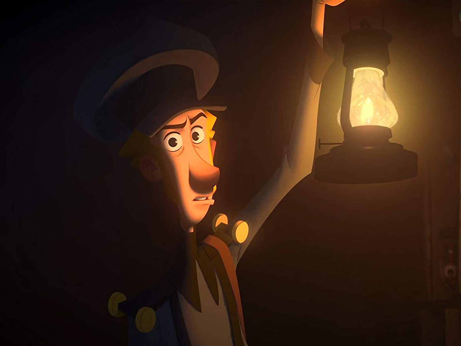 Still shot from the film Klaus: a postmaster holds a lantern in a dark room, revealing shelves of toys.