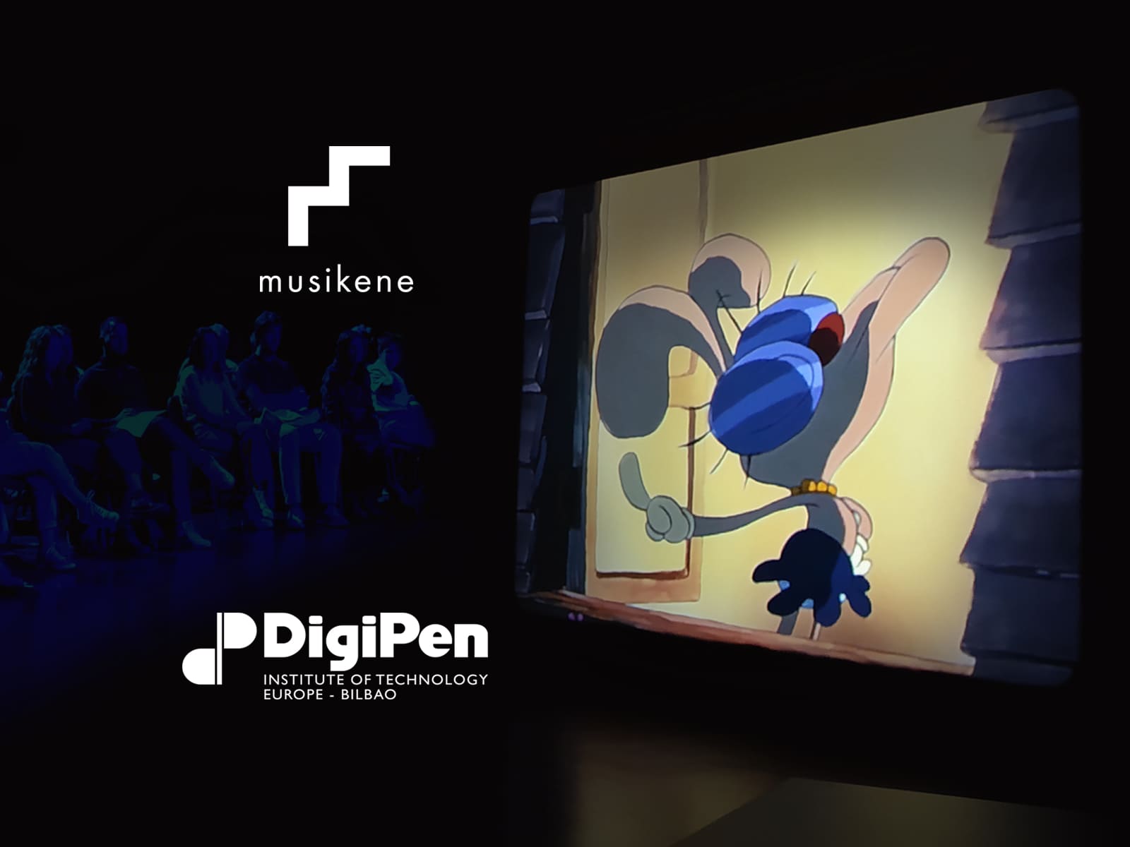 Una captura de un personaje en una caricatura animada con los logotipos de DigiPen y Musikene ubicados a su lado izquierdo.