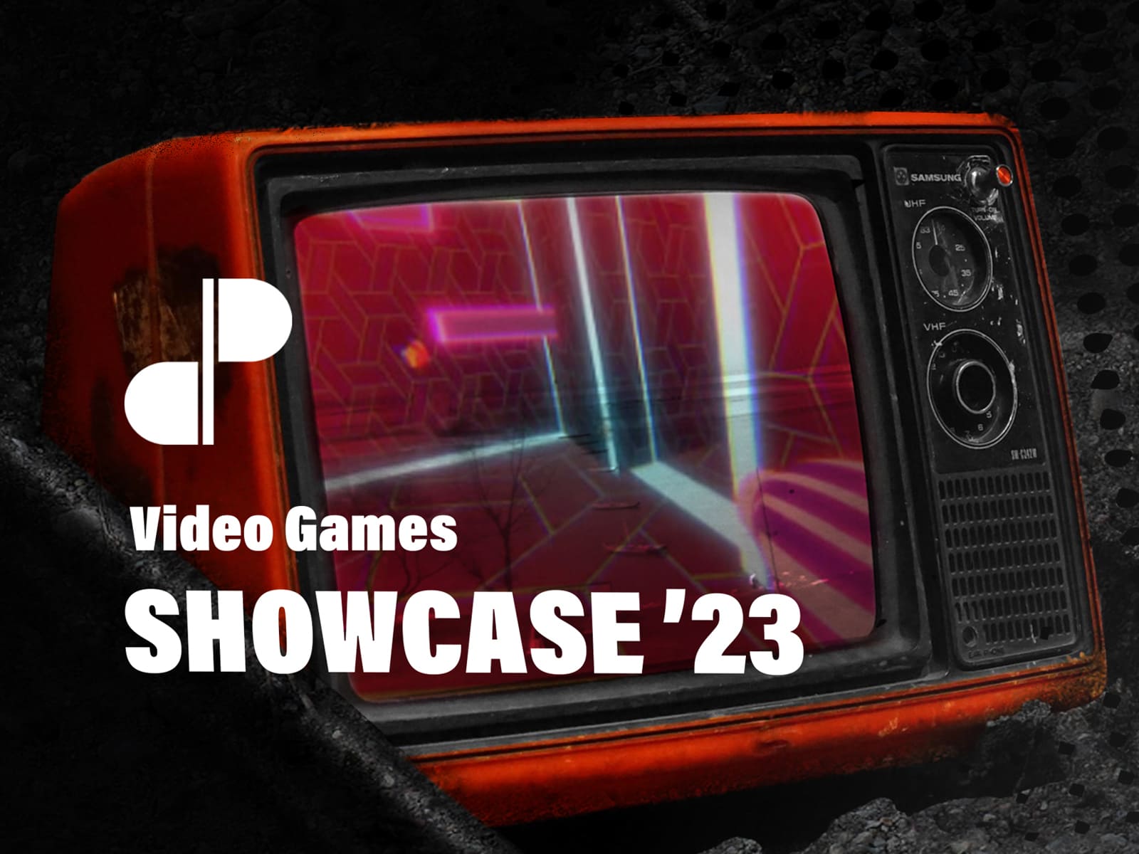 Banner compuesto por la imagen de una vieja televisión roja que presenta la imagen futurista de un videojuego con el escudo de Dragons de DigiPen plasmado, y un texto que dice: Video Games Showcase 2023.