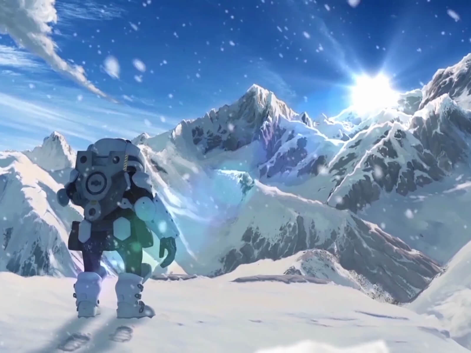 Instantánea del cortometraje de animación desarrollado por alumnos 1457 LAST en la que sale el protagonista mirando a unas montañas nevadas.
