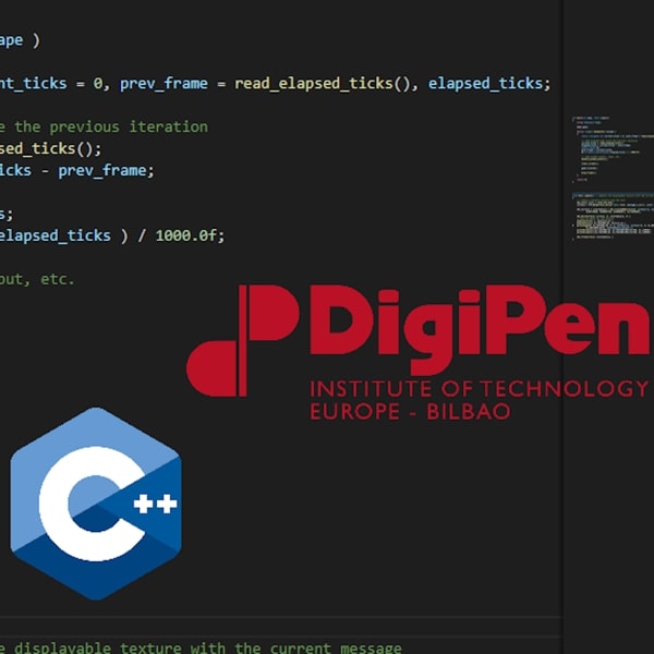 The Digipen logo, along with the C++ logo, lay in front of an arbitrary segment of C++ code.