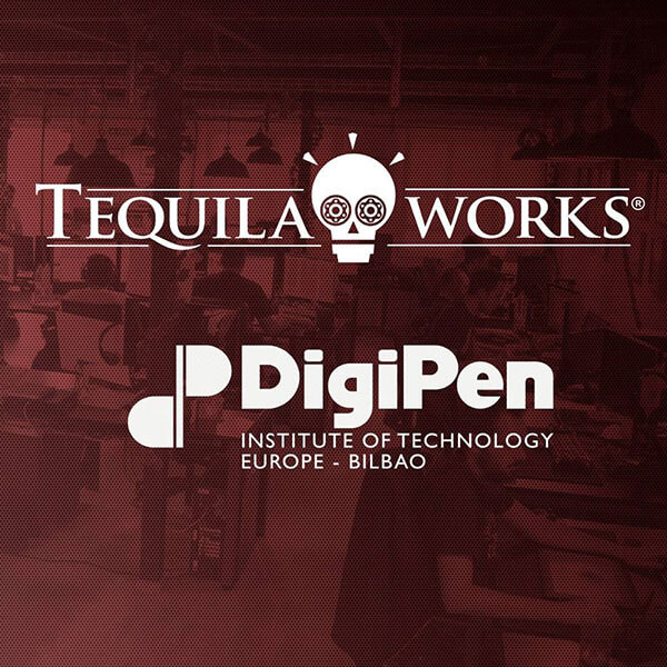 Los logos de Tequila Works y DigiPen impresos sobre la foto de un equipo de desarrolladores de juegos trabajando