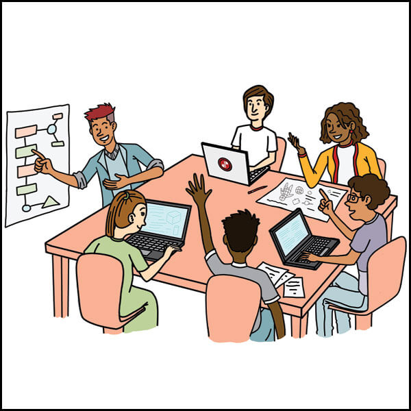 Seis estudiantes con ordenadores portátiles sentados en un escritorio colaborando juntos.