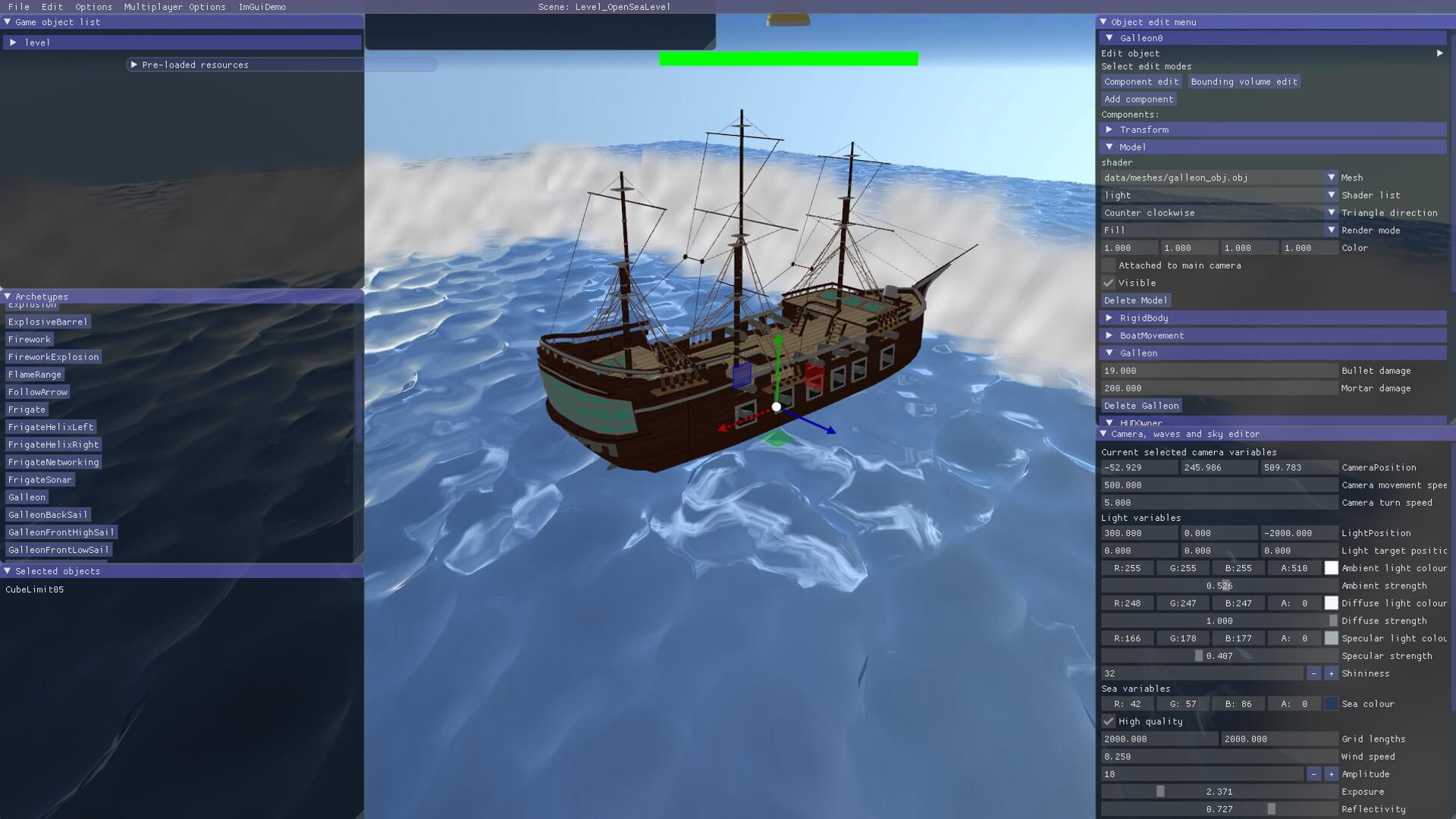 Captura de pantalla de un barco pirata en 3D que se manipula dentro de un editor de escenas del motor de un juego