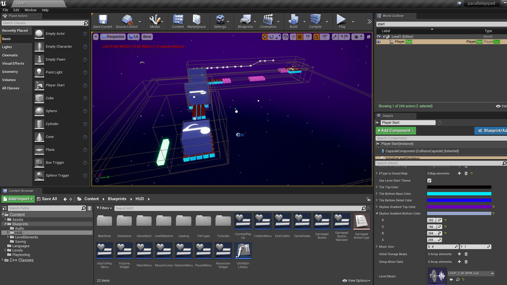 Una captura de pantalla de un nivel de un videojuego mientras se trabaja con el motor de juego.