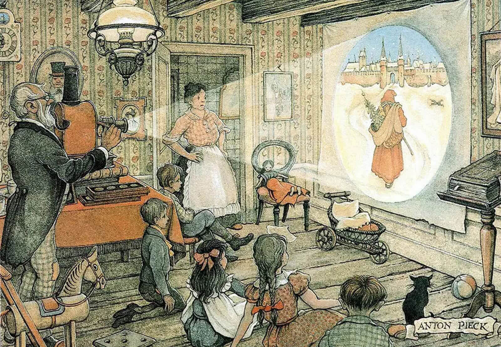Una pintura del siglo XVIII de un hombre usando un proyector para mostrar una película a niños