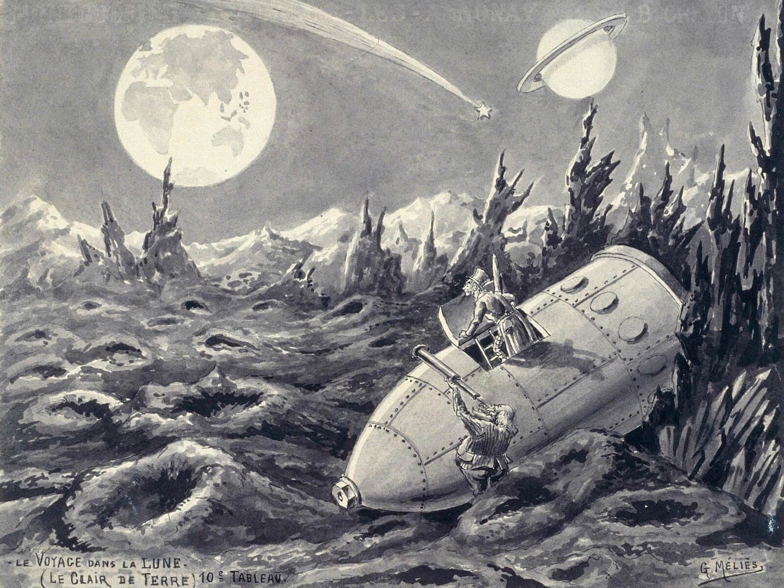 A rendition of a spaceship on the moon from the movie A Trip to the Moon