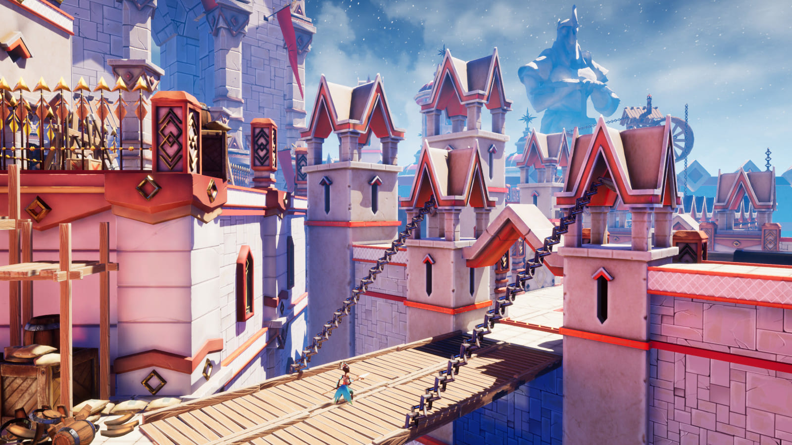 Cinematic shot of a fantasy castle environment from the game Mirlo: Above the Sun.