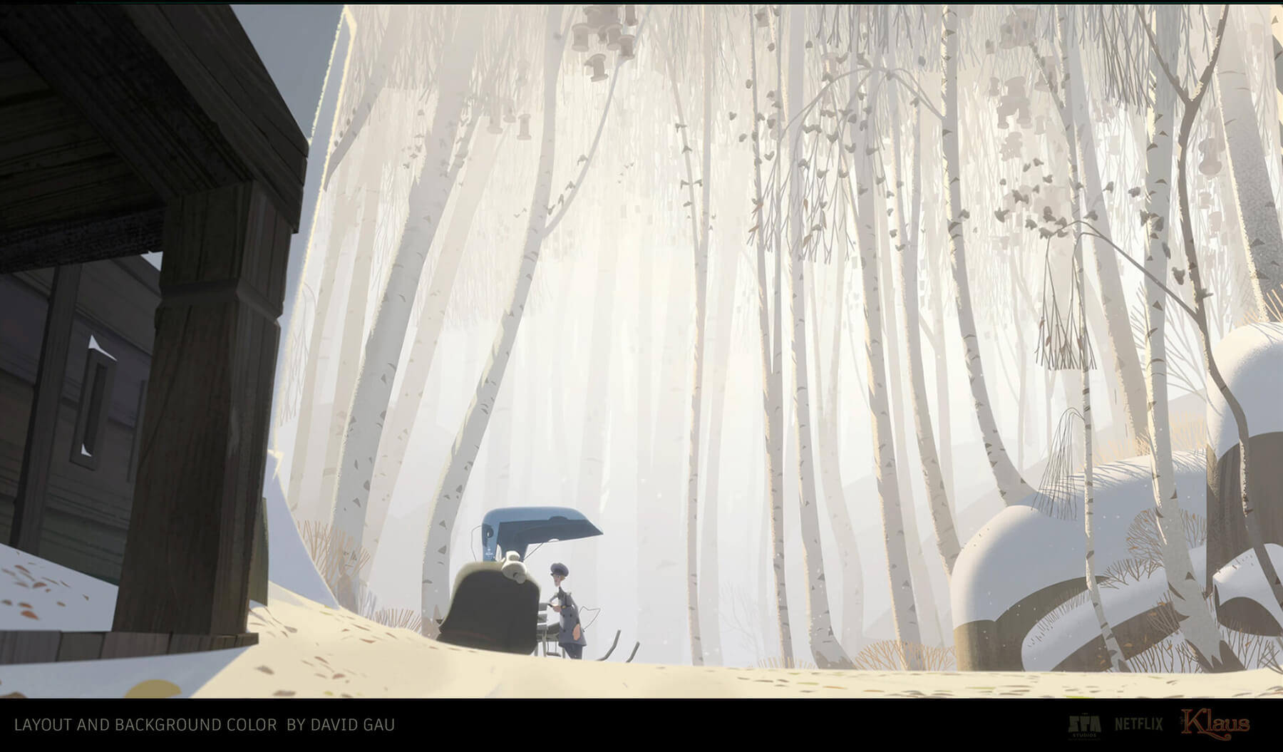 Dos personajes se paran junto a un carruaje antiguo en medio de un brillante bosque nevado.