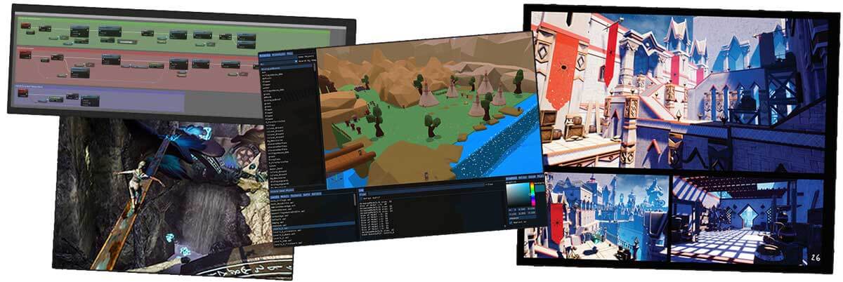A collage of images ranging from program screenshots to in-game images of student projects.