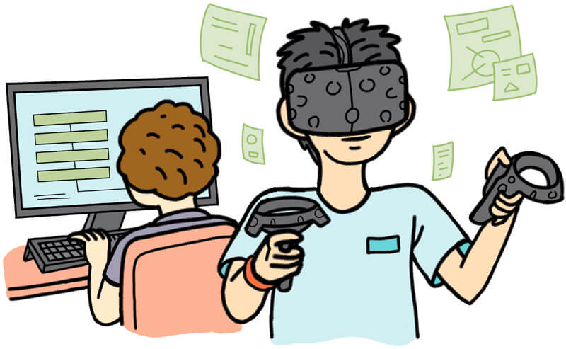 Un estudiante usando un dispositivo de realidad virtual mientras otro estudiante usa un portatil.