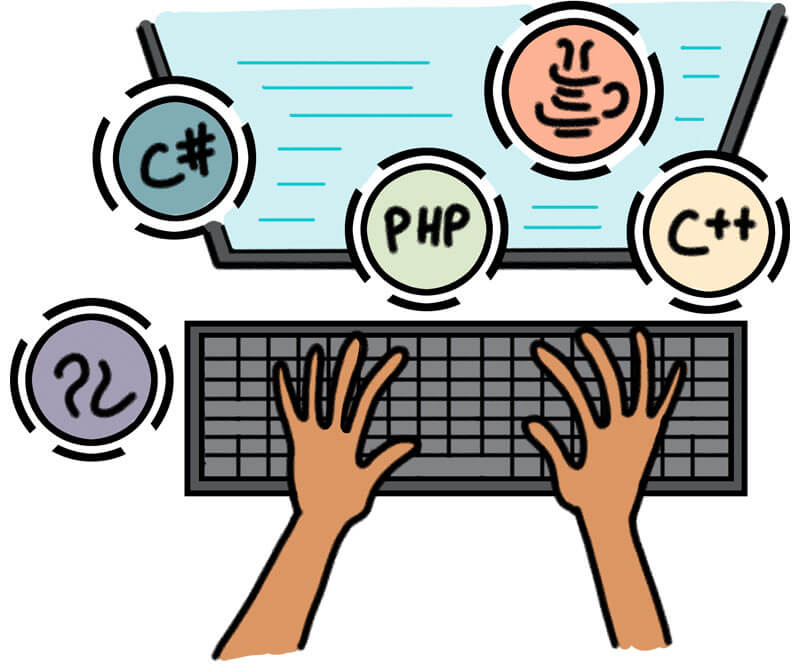 Se muestran las manos de un estudiante escribiendo en un teclado mientras burbujas muestran varios lenguajes de programación.