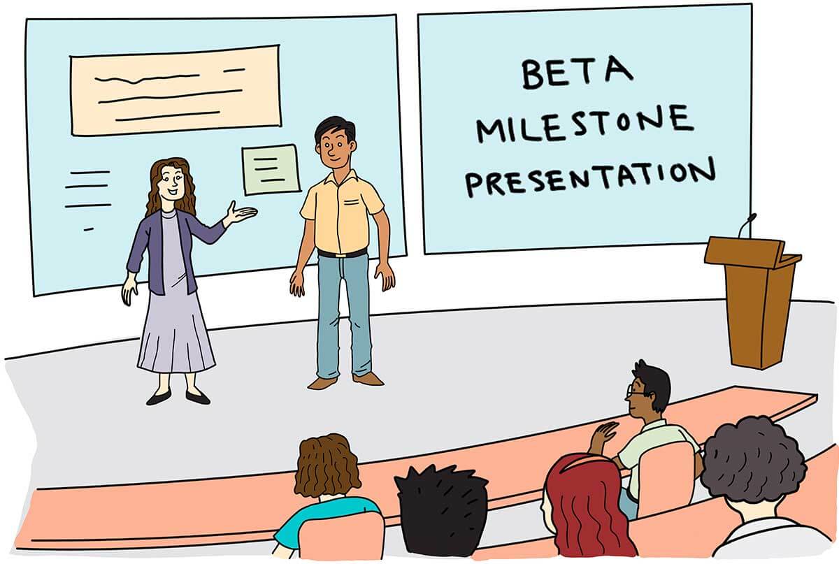 Two students presenting their beta milestone presentation to a group of five other students.